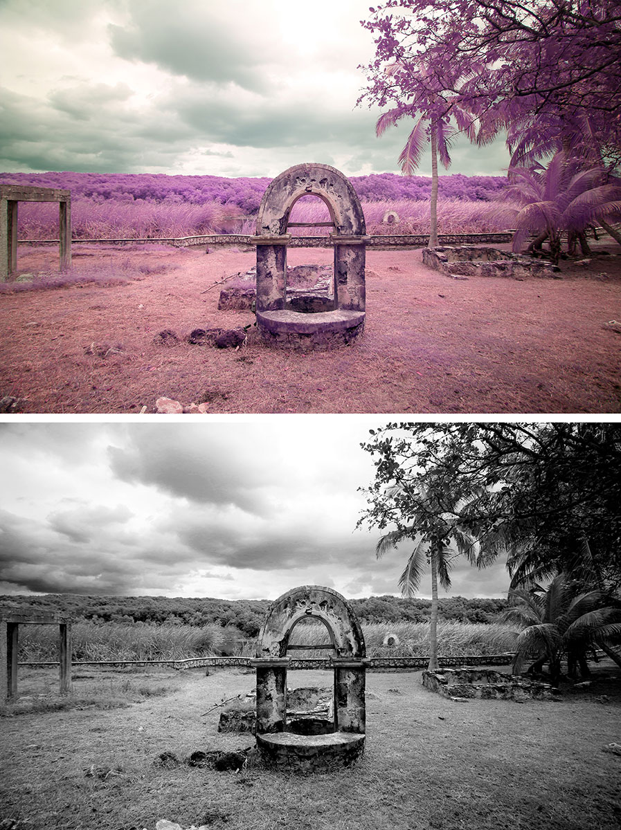 Shot of a stone water well in field in hypercolor and in black and white.