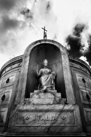 An infrared image of the Italian Mutual Benevolent Society marble tomb, designed by Pietro Gualdi, at St. Louis #1 Cemetery in New Orleans, LA